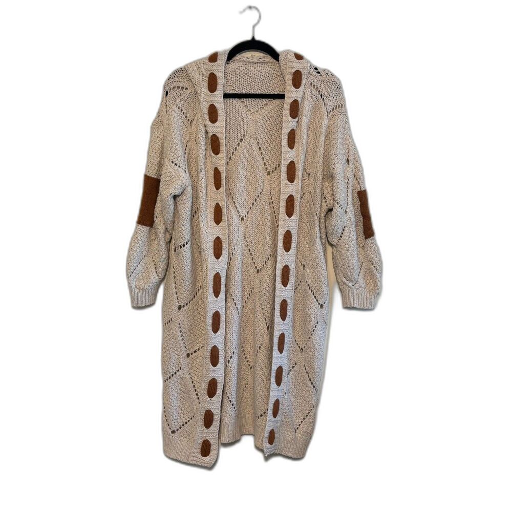 Open Knit Long Hooded Cardigan Colorblock Diamond Pattern Size M